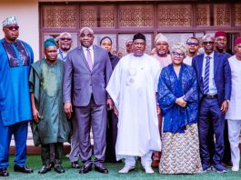 (Center) Secretary to the Government of the Federation (SGF) Sen. George Akume, fnim, CON in a group photograph with members of the Technical Committee on the proposed integrated gas, power, and high-speed rail project during the inauguration of the Committee, on Thursday, 9th April, 2026 in Abuja.