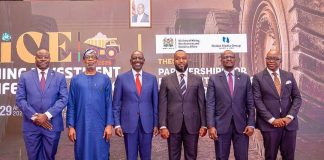 From left; Mr. Harry Kimtai Principal Secretary, Minning, Republic of Kenya, Dr. Dele Alake, Minister of Solid Minerals Development, Nigeria. H.E. Dr. William Samoei Ruto, President of The Republic of Kenya and Commander in-Chief of the Defence Forces, Hon. Hassan Ali Joho, Cabinet Secretary, Ministry of Minning, Blue Economy and Maritime Affairs, Republic of Kenya walking into the venue of the Kenyan Minning Investment Conference and Exhibition in Nairobi.