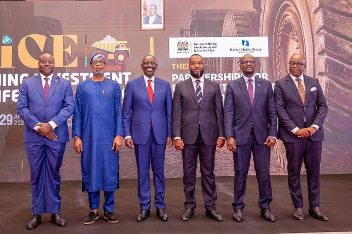 From left; Mr. Harry Kimtai Principal Secretary, Minning, Republic of Kenya, Dr. Dele Alake, Minister of Solid Minerals Development, Nigeria. H.E. Dr. William Samoei Ruto, President of The Republic of Kenya and Commander in-Chief of the Defence Forces, Hon. Hassan Ali Joho, Cabinet Secretary, Ministry of Minning, Blue Economy and Maritime Affairs, Republic of Kenya walking into the venue of the Kenyan Minning Investment Conference and Exhibition in Nairobi.