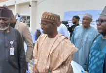 The Honourable Minister Federal Ministry of Livestock Development, Idi Mukhtar Maiha, flanked by the Chief Veterinary Officer, Dr Samuel Anzaku .