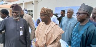 The Honourable Minister Federal Ministry of Livestock Development, Idi Mukhtar Maiha, flanked by the Chief Veterinary Officer, Dr Samuel Anzaku .