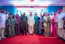 Dr. Iziaq Adekunle Salako Honourable Minister of State for Health and Social Welfare (C) flanked by right, Her Excellency the wife of Jigawa State Governor; by hi Left is His Excellency, Senator Hope Uzodimma, Governor of Imo State, 2nd is Her Excellency, Barrister Chioma Uzodimma, first lady of Imo State, supported by Wives of their Excellencies, Governors of Ondo, Nigeria and other important dignitaries at the flag-off ceremony of Cervical Cancer screening programme in Owerri, Imo State.