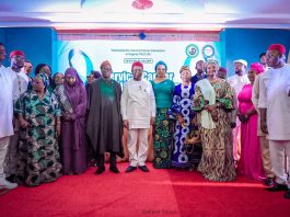 Dr. Iziaq Adekunle Salako Honourable Minister of State for Health and Social Welfare (C) flanked by right, Her Excellency the wife of Jigawa State Governor; by hi Left is His Excellency, Senator Hope Uzodimma, Governor of Imo State, 2nd is Her Excellency, Barrister Chioma Uzodimma, first lady of Imo State, supported by Wives of their Excellencies, Governors of Ondo, Nigeria and other important dignitaries at the flag-off ceremony of Cervical Cancer screening programme in Owerri, Imo State.