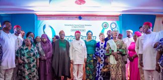 Dr. Iziaq Adekunle Salako Honourable Minister of State for Health and Social Welfare (C) flanked by right, Her Excellency the wife of Jigawa State Governor; by hi Left is His Excellency, Senator Hope Uzodimma, Governor of Imo State, 2nd is Her Excellency, Barrister Chioma Uzodimma, first lady of Imo State, supported by Wives of their Excellencies, Governors of Ondo, Nigeria and other important dignitaries at the flag-off ceremony of Cervical Cancer screening programme in Owerri, Imo State.