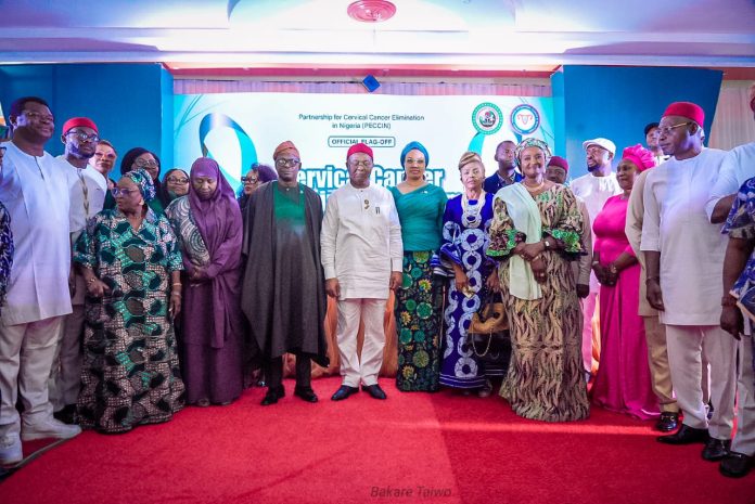 Dr. Iziaq Adekunle Salako Honourable Minister of State for Health and Social Welfare (C) flanked by right, Her Excellency the wife of Jigawa State Governor; by hi Left is His Excellency, Senator Hope Uzodimma, Governor of Imo State, 2nd is Her Excellency, Barrister Chioma Uzodimma, first lady of Imo State, supported by Wives of their Excellencies, Governors of Ondo, Nigeria and other important dignitaries at the flag-off ceremony of Cervical Cancer screening programme in Owerri, Imo State.