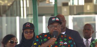Representative of the President, Commander-In-Chief of the Armed Forces, Federal Republic of Nigeria and the Secretary to the Government of the Federation, Sen. George Akume CON delivering the May Day Address at Eagle Square, Abuja.