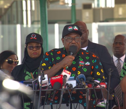 Representative of the President, Commander-In-Chief of the Armed Forces, Federal Republic of Nigeria and the Secretary to the Government of the Federation, Sen. George Akume CON delivering the May Day Address at Eagle Square, Abuja.