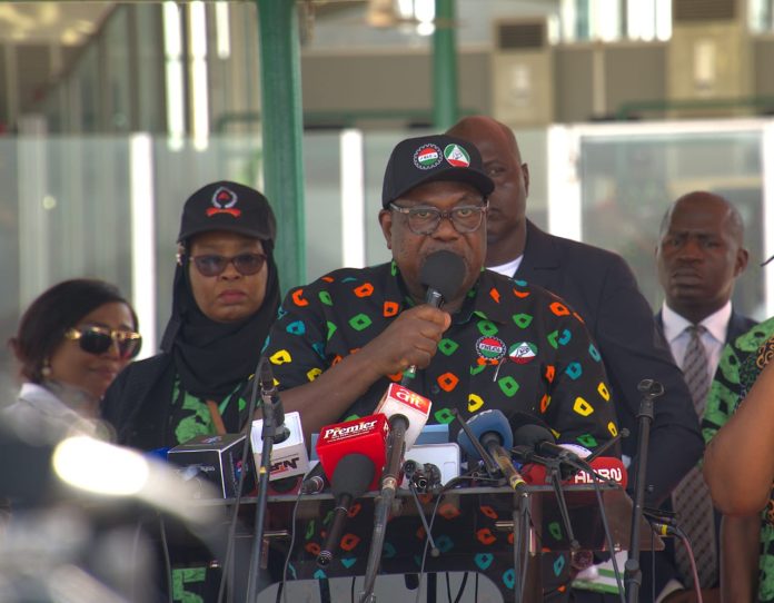 Representative of the President, Commander-In-Chief of the Armed Forces, Federal Republic of Nigeria and the Secretary to the Government of the Federation, Sen. George Akume CON delivering the May Day Address at Eagle Square, Abuja.