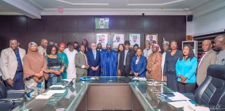 PHOTO-NEWS: Dr. Iziaq Adekunle Salako Honourable Minister of State for Health and Social Welfare (Center) flanked by his right is Dr. Boro Dropulic, leader of the delegation from Caring Cross, 2nd is Dr. Obi Adigwe, DG NIPRD; by his Left is Ms Shariha Khalid, 2nd is Dr John Ovuoraye, Director HPRS, representing the Permanent Secretary of Health, Daju Kachollom S. mni., 3rd is Dr. Adeola Olufowobi Dr. Food and Drugs Services, 4th is Dr. Amina Muhammad, Director, Child Health Division.