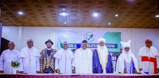(4th right) The Secretary to the Government of the Federation, Senator George Akume CON in a group photograph with members of the Nigeria Inter-Religious Council (NIREC) during NIREC's 2026 Council Meeting in Abuja.