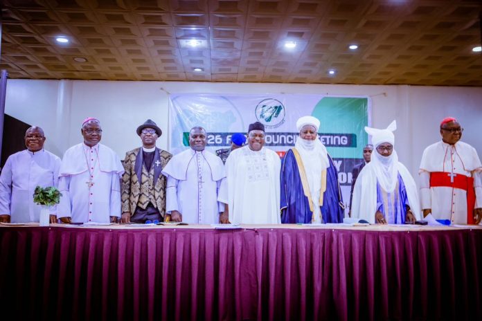 (4th right) The Secretary to the Government of the Federation, Senator George Akume CON in a group photograph with members of the Nigeria Inter-Religious Council (NIREC) during NIREC's 2026 Council Meeting in Abuja.