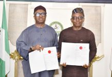 R-L: Director-General, Bureau of Public Procurement (BPP), Dr. Adebowale A. Adedokun, FCIPS and National Commissioner/CEO, National Data Protection Commission (NDPC), Dr. Vincent Olatunji displaying the copies of the signed Memorandum of Understanding (MoU) by BPP and NDPC in Abuja