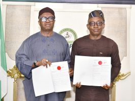 R-L: Director-General, Bureau of Public Procurement (BPP), Dr. Adebowale A. Adedokun, FCIPS and National Commissioner/CEO, National Data Protection Commission (NDPC), Dr. Vincent Olatunji displaying the copies of the signed Memorandum of Understanding (MoU) by BPP and NDPC in Abuja