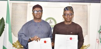 R-L: Director-General, Bureau of Public Procurement (BPP), Dr. Adebowale A. Adedokun, FCIPS and National Commissioner/CEO, National Data Protection Commission (NDPC), Dr. Vincent Olatunji displaying the copies of the signed Memorandum of Understanding (MoU) by BPP and NDPC in Abuja