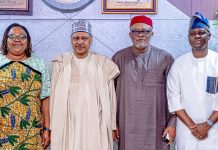 (L–R) The Permanent Secretary, Federal Ministry of Information and National Orientation, Dr. Binyerem Chigbonwu Ukaire; the Honourable Minister of Information and National Orientation, Mohammed Idris, fnipr; Executive Secretary/Chief Executive Officer, Nigerian Press Council, Dr. Dili Ezughah; and Director-General, Nigerian Tourism Development Authority (NTDA), Dr. Olayiwola Nurudeen Awakan, during a meeting with the Book Publication Committee of the Nigerian Press Council on May 12, 2026, in Abuja. Photo: Khalid Ahmed/FMINO