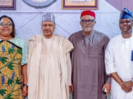 (L–R) The Permanent Secretary, Federal Ministry of Information and National Orientation, Dr. Binyerem Chigbonwu Ukaire; the Honourable Minister of Information and National Orientation, Mohammed Idris, fnipr; Executive Secretary/Chief Executive Officer, Nigerian Press Council, Dr. Dili Ezughah; and Director-General, Nigerian Tourism Development Authority (NTDA), Dr. Olayiwola Nurudeen Awakan, during a meeting with the Book Publication Committee of the Nigerian Press Council on May 12, 2026, in Abuja. Photo: Khalid Ahmed/FMINO