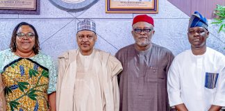 (L–R) The Permanent Secretary, Federal Ministry of Information and National Orientation, Dr. Binyerem Chigbonwu Ukaire; the Honourable Minister of Information and National Orientation, Mohammed Idris, fnipr; Executive Secretary/Chief Executive Officer, Nigerian Press Council, Dr. Dili Ezughah; and Director-General, Nigerian Tourism Development Authority (NTDA), Dr. Olayiwola Nurudeen Awakan, during a meeting with the Book Publication Committee of the Nigerian Press Council on May 12, 2026, in Abuja. Photo: Khalid Ahmed/FMINO