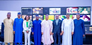 (L–R) Director-General, News Agency of Nigeria (NAN), Ali M. Ali; Director-General, Federal Radio Corporation of Nigeria (FRCN), Dr. Mohammed Bulama; Managing Director/Chief Executive Officer, Nigerian Communications Satellite Limited (NIGCOMSAT), Mrs. Nkechi Jane Egerton-Idehen; Director-General, National Orientation Agency (NOA), Mallam Lanre Issa-Onilu; the Honourable Minister of Information and National Orientation, Mohammed Idris, fnipr; Director-General, National Broadcasting Commission (NBC), Mr. Charles Ebuebu; Director-General, Nigerian Television Authority (NTA), Comr. Salihu Abdulhamid Dembos, fnipr; and Director-General, Voice of Nigeria (VON), Mallam Jibrin Baba Ndace, during the Honourable Minister’s facility tour of NIGCOMSAT on May 13, 2026, in Abuja. Photo: Khalid Ahmed/FMINO