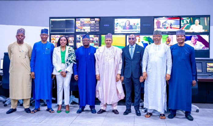 IMG-20260513-WA0066 (L–R) Director-General, News Agency of Nigeria (NAN), Ali M. Ali; Director-General, Federal Radio Corporation of Nigeria (FRCN), Dr. Mohammed Bulama; Managing Director/Chief Executive Officer, Nigerian Communications Satellite Limited (NIGCOMSAT), Mrs. Nkechi Jane Egerton-Idehen; Director-General, National Orientation Agency (NOA), Mallam Lanre Issa-Onilu; the Honourable Minister of Information and National Orientation, Mohammed Idris, fnipr; Director-General, National Broadcasting Commission (NBC), Mr. Charles Ebuebu; Director-General, Nigerian Television Authority (NTA), Comr. Salihu Abdulhamid Dembos, fnipr; and Director-General, Voice of Nigeria (VON), Mallam Jibrin Baba Ndace, during the Honourable Minister’s facility tour of NIGCOMSAT on May 13, 2026, in Abuja. Photo: Khalid Ahmed/FMINO