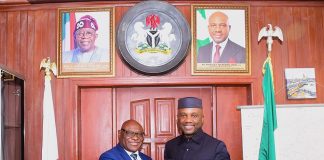 Hon. Minister of Innovation, Science and Technology, FMIST, Dr. Kingsley Tochukwu Udeh, SAN, (right) in a handshake with the President/Vice Chancellor Babcock University Nigeria Prof. Afolarin Olutunde Ojewole (left) during the visit.