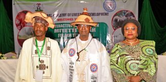 The Honorable Minister Federal Ministry of Livestock Development Idi Mukhtar Maiha in a group photograph with the Permanent Secretary Dr. Mrs Chinyere Ijeoma Akujobi and the Miyeitti Allah's National President, Alhaji Abubakar Sulieman