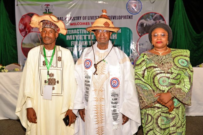 The Honorable Minister Federal Ministry of Livestock Development Idi Mukhtar Maiha in a group photograph with the Permanent Secretary Dr. Mrs Chinyere Ijeoma Akujobi and the Miyeitti Allah's National President, Alhaji Abubakar Sulieman