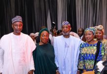 L-R: The third person in the picture is the Honourable Minister of Solid Minerals Development, Dr. Dele Alake. The first person is the Permanent Secretary of Solid Minerals Development, Engr. Faruk Yusuf Yabo and awardees, during the ceremony of the maiden edition of the Solid Minarals Excellence Awards (SOMEA)2026, held at Abuja Continental Hotel on Thursday 14th May, 2026 in Abuja, Nigeria.