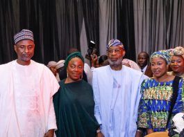 L-R: The third person in the picture is the Honourable Minister of Solid Minerals Development, Dr. Dele Alake. The first person is the Permanent Secretary of Solid Minerals Development, Engr. Faruk Yusuf Yabo and awardees, during the ceremony of the maiden edition of the Solid Minarals Excellence Awards (SOMEA)2026, held at Abuja Continental Hotel on Thursday 14th May, 2026 in Abuja, Nigeria.