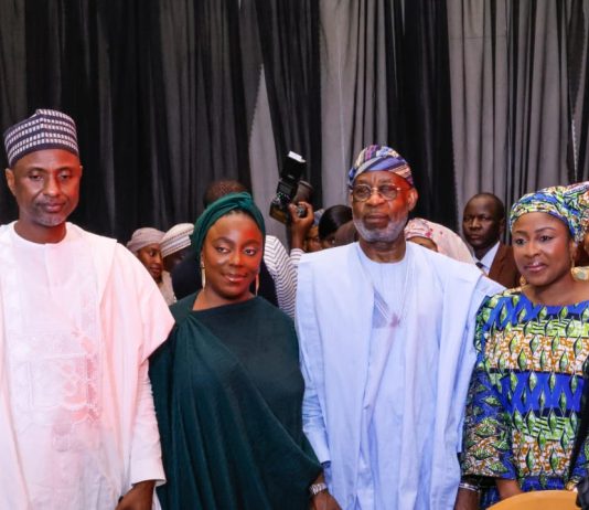 L-R: The third person in the picture is the Honourable Minister of Solid Minerals Development, Dr. Dele Alake. The first person is the Permanent Secretary of Solid Minerals Development, Engr. Faruk Yusuf Yabo and awardees, during the ceremony of the maiden edition of the Solid Minarals Excellence Awards (SOMEA)2026, held at Abuja Continental Hotel on Thursday 14th May, 2026 in Abuja, Nigeria.