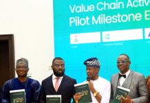 The Hon Min of State (Industry) FMITI, Sen. John Owan Enoh (2nd right) the Perm. Sec. FMITI, Dr. Chris Osa Isokpunwu (1st right) the Regional Director/ Country Rep. United Nations Industrial Development Organization (UNIDO), Amb. Philbert Johnson (1st left) the MD Bank of Agriculture, Mr Ayo Oludare Sotinrin (2nd left) during the Phase I Showcase and Stakeholders Engagement of the National Cotton, Textile and Garment Industrial Transformation Programme (NCTG- ITP) held in Abuja on Thursday 14/5/26.