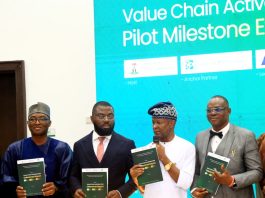 The Hon Min of State (Industry) FMITI, Sen. John Owan Enoh (2nd right) the Perm. Sec. FMITI, Dr. Chris Osa Isokpunwu (1st right) the Regional Director/ Country Rep. United Nations Industrial Development Organization (UNIDO), Amb. Philbert Johnson (1st left) the MD Bank of Agriculture, Mr Ayo Oludare Sotinrin (2nd left) during the Phase I Showcase and Stakeholders Engagement of the National Cotton, Textile and Garment Industrial Transformation Programme (NCTG- ITP) held in Abuja on Thursday 14/5/26.