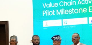 The Hon Min of State (Industry) FMITI, Sen. John Owan Enoh (2nd right) the Perm. Sec. FMITI, Dr. Chris Osa Isokpunwu (1st right) the Regional Director/ Country Rep. United Nations Industrial Development Organization (UNIDO), Amb. Philbert Johnson (1st left) the MD Bank of Agriculture, Mr Ayo Oludare Sotinrin (2nd left) during the Phase I Showcase and Stakeholders Engagement of the National Cotton, Textile and Garment Industrial Transformation Programme (NCTG- ITP) held in Abuja on Thursday 14/5/26.
