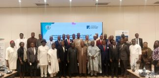 (7th right) The representative of the Secretary to the Government of the Federation and Permanent Secretary (GSO) Dr. Ibrahim Abubakar Kana mni in a group photograph with participants of the Induction Programme for Chief Executive Officers, Chairmen and members of Governing Boards of Parastatals, Agencies and Commissions inaugurated by the Federal Government taking place in Abuja.