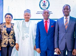 (L–R) The Head of the Civil Service of the Federation, Mrs. Didi Esther Walson-Jack; the Honourable Minister of Information and National Orientation, Mohammed Idris, fnipr; Chairman/Chief Executive Officer, Office of the Tax Ombud Nigeria, Dr. John C. Nwabueze; and the Honourable Minister of Finance and Coordinating Minister of the Economy, Mr. Taiwo Oyedele, during the unveiling of the official website and launch of the toll-free call centre and case management system of the Office of the Tax Ombud Nigeria, held on May 18, 2026, in Abuja. Photo: Khalid Ahmed/FMINO