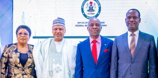 (L–R) The Head of the Civil Service of the Federation, Mrs. Didi Esther Walson-Jack; the Honourable Minister of Information and National Orientation, Mohammed Idris, fnipr; Chairman/Chief Executive Officer, Office of the Tax Ombud Nigeria, Dr. John C. Nwabueze; and the Honourable Minister of Finance and Coordinating Minister of the Economy, Mr. Taiwo Oyedele, during the unveiling of the official website and launch of the toll-free call centre and case management system of the Office of the Tax Ombud Nigeria, held on May 18, 2026, in Abuja. Photo: Khalid Ahmed/FMINO