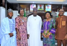 FMAFS Moves To Strengthen Partnership With Wave On Crop Disease Control, To Boost Food Security Among Others The Minister of State for Agriculture and Food Security, Sen Dr Aliyu Sabi Abdullahi (C) , left hand side of the Minister, Deputy Executive Director, WAVE, Prof Angela Eni, during the couresty visit.