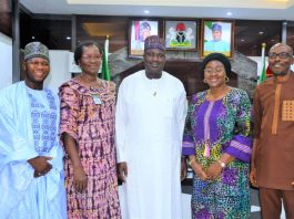 The Minister of State for Agriculture and Food Security, Sen Dr Aliyu Sabi Abdullahi (C) , left hand side of the Minister, Deputy Executive Director, WAVE, Prof Angela Eni, during the couresty visit.