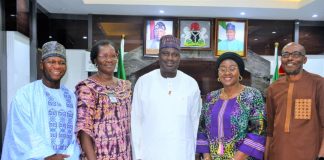 The Minister of State for Agriculture and Food Security, Sen Dr Aliyu Sabi Abdullahi (C) , left hand side of the Minister, Deputy Executive Director, WAVE, Prof Angela Eni, during the couresty visit.
