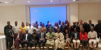 ( 5th left - sitting) The Permanent Secretary (GSO) DR. Ibrahim Abubakar Kana mni flanked by Managing Director/ Chief Executive Officer of Galaxy Backbone Prof. Ibrahim Adeyanju (5th right - sitting) in a group photograph with the participants from other African countries during high-level continent engagement that took place in Abuja.