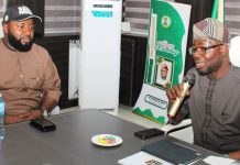 Right: The Honourable Minister of Humanitarian Affairs and Poverty Reduction. Dr. Bernard M. Doro addressing the leadership team of the National Association of Nigerian Students (NANS) besides him is the President, of the NANS, Comrade Olushola Oladoja, when the executive of NANS paid him a courtesy visit in his office.
