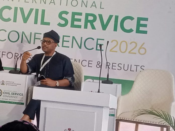 The permanent secretary, federal ministry of Humanitarian Affairs and Poverty Reduction. Mr Olubunmi Olusanya answered questions during the discussion on the second day of the international Civil Service Conference taking place at the eagle square in Abuja.