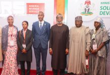 L-R: Special Assistant to Minister of Sold Minerals Development Amira Waziri, Executive Director, Large Tax Group, Amina Ado, Permanent Secretary, Ministry of Sold Minerals Development, Permanent Secretary, Ministry of Solid Minerals Development, Faruk Yusuf Yabo , Minister of Solid Minerals Development, Dr. Dele Alake; Executive Director, Finance and Corporate Services Nigeria Revenue Service, Alhaji Lawal Abubakar and Group Director, Non-Tax Revenue, Hauwa Ibrahim during the NRS–MSMD Joint Stakeholder Sensitization (North Central) titled “From Resource to Revenue: Aligning Solid Minerals Operations with the 2025 Tax Reform Act,” organised by the Nigeria Revenue Service and the Federal Ministry of Solid Minerals Development in Abuja on May 20, 2026.