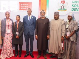 L-R: Special Assistant to Minister of Sold Minerals Development Amira Waziri, Executive Director, Large Tax Group, Amina Ado, Permanent Secretary, Ministry of Sold Minerals Development, Permanent Secretary, Ministry of Solid Minerals Development, Faruk Yusuf Yabo , Minister of Solid Minerals Development, Dr. Dele Alake; Executive Director, Finance and Corporate Services Nigeria Revenue Service, Alhaji Lawal Abubakar and Group Director, Non-Tax Revenue, Hauwa Ibrahim during the NRS–MSMD Joint Stakeholder Sensitization (North Central) titled “From Resource to Revenue: Aligning Solid Minerals Operations with the 2025 Tax Reform Act,” organised by the Nigeria Revenue Service and the Federal Ministry of Solid Minerals Development in Abuja on May 20, 2026.