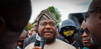 Secretary to the Government of the Federation, Sen. George Akume, CON, addressing APC Delegates in Makurdi South, Benue State in support of President Bola Ahmed Tinubu
