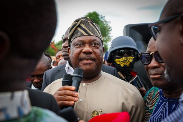 Secretary to the Government of the Federation, Sen. George Akume, CON, addressing APC Delegates in Makurdi South, Benue State in support of President Bola Ahmed Tinubu