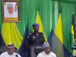 Left ; President, Federal Republic of Nigeria, Bola Ahmed Tinubu( GCFR) represented by the Honourable Minister of Police Affairs, Senator Ibrahim Gaidam (CON) at the Inauguration of the Board of Trustees of the Nigerian Police Trust Fund
