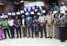 Minister of Interior, Dr. Olubunmi Tunji-Ojo (middle), Permanent Secretary of Ministry of Interior, Dr. Magdalene Ajani (6th right), with guests and awards during the maiden edition of the Ministry of Interior Innovation and Challenge Award Ceremony and joint Union Council (JUC) Week celebration in Abuja.