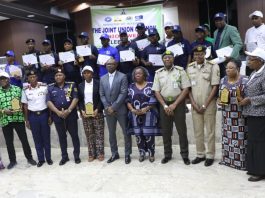 Minister of Interior, Dr. Olubunmi Tunji-Ojo (middle), Permanent Secretary of Ministry of Interior, Dr. Magdalene Ajani (6th right), with guests and awards during the maiden edition of the Ministry of Interior Innovation and Challenge Award Ceremony and joint Union Council (JUC) Week celebration in Abuja.