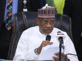The Honourable Minister of Police Affairs Senator Dr. Ibrahim Gaidam during the Inauguration of the Governing Council of the Nigeria Police Academy. Wudil, Kano