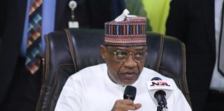 The Honourable Minister of Police Affairs Senator Dr. Ibrahim Gaidam during the Inauguration of the Governing Council of the Nigeria Police Academy. Wudil, Kano